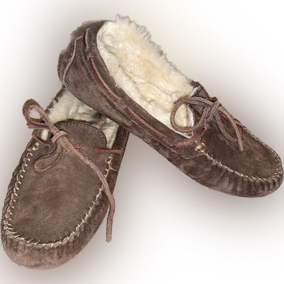UGG Australia Brown Suede Leather Faux Fur Moccasin Slipper Women’s Size 8 - Picture 1 of 6